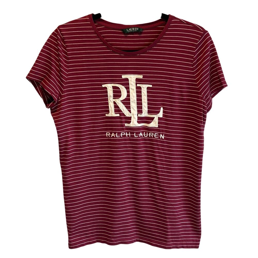 Lauren Ralph Lauren Striped Embroidered Logo Short Sleeve Tee - size Medium